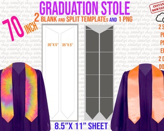 May include: Two graduation stole templates, one blank and one with a split design, on an 8.5 x 11 inch sheet. The templates are for a 70 inch stole. The image also shows examples of the stoles in different colors.