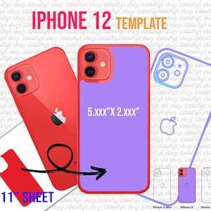 May include: A template for an iPhone 12 case, showing a purple case with a white Apple logo and the dimensions 5.XXX" x 2.XXX". The template is on an 8.5" x 11" sheet of paper. The image also shows a red iPhone 12 and outlines of other iPhone models.