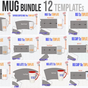 Mug Template, Mug Svg, Mug Bundle 12 Templates, 10 oz, 11 oz, 12 oz, 14 oz, 15 oz, 17 oz, Latte, Camp, Tapered for Sublimation, Pdf Docx Dxf