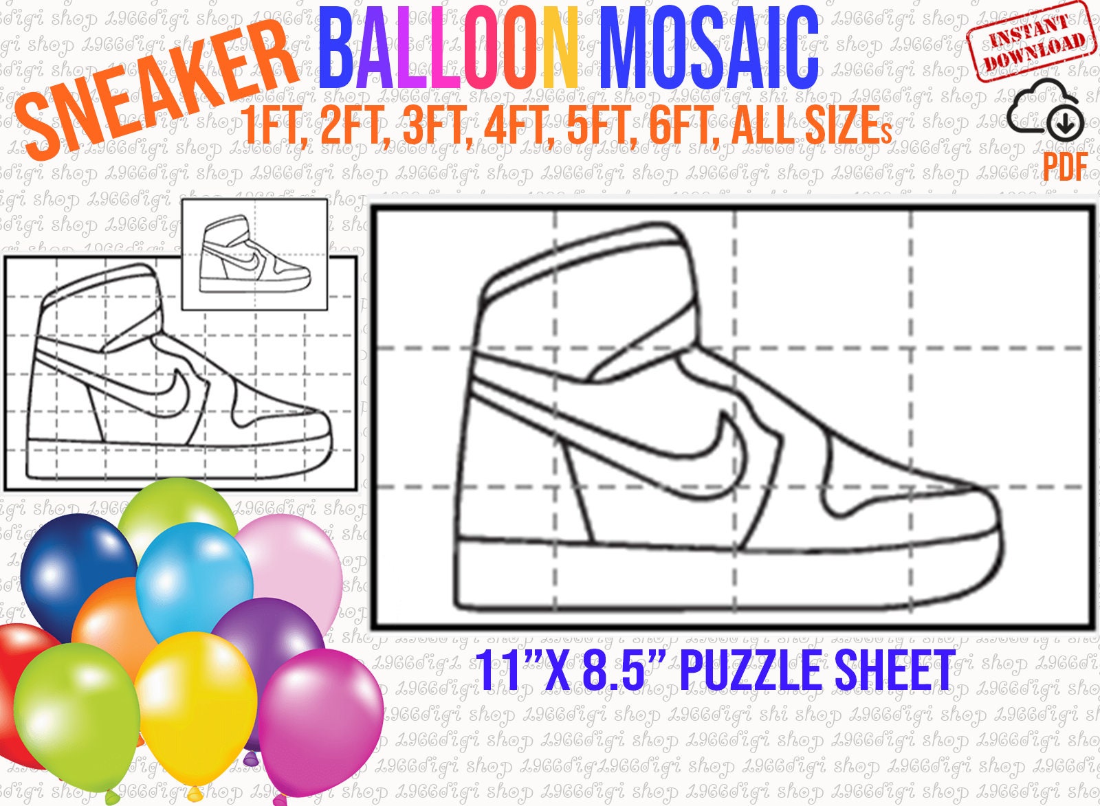 Mosaic Sneaker, Shoe, Mosaic Balloon Frame Template 1 Ft, 2 Ft, 3 Ft, 4 ...