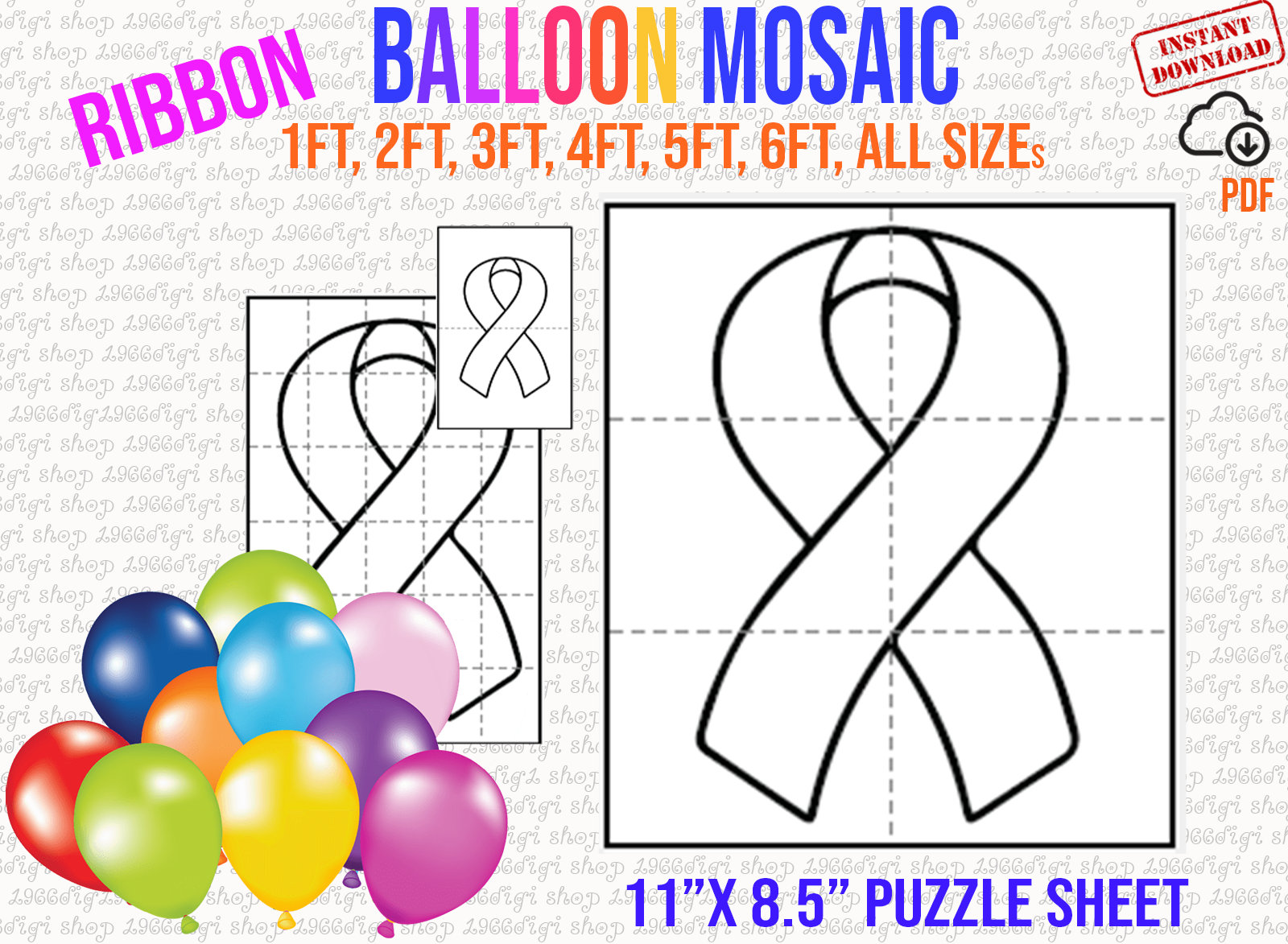 Ribbon Mosaic, Awareness Ribbon Balloon Template 1 ft, 2 ft, 3 ft, 4 ft, 5 ft, 6 ft Mosaic, mosaic from balloons, Mosaic Balloons, Pdf