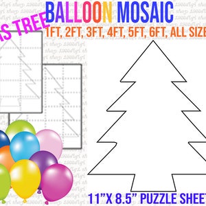 May include: A printable PDF template for a Christmas tree balloon mosaic. The template includes a 11 inch by 8.5 inch puzzle sheet and instructions for creating a Christmas tree balloon mosaic in various sizes, including 1 foot, 2 feet, 3 feet, 4 feet, 5 feet, and 6 feet.