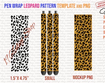 Op de afbeelding: Drie pen-wikkelontwerpen met een luipaardprint. Het eerste ontwerp is zwart-wit, het tweede en derde zijn gouden glitter met zwarte vlekken. De ontwerpen zijn 1,5 inch bij 4,75 inch. De tekst "SMALL" staat onder de ontwerpen. De tekst "MOCKUP PNG" staat onder de gouden glitterontwerpen.