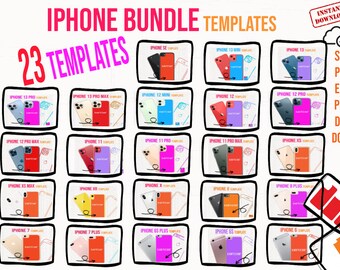 May include: A collection of 23 iPhone templates for different models, including the iPhone SE, iPhone 13 Mini, iPhone 13, iPhone 13 Pro, iPhone 13 Pro Max, iPhone 12 Mini, iPhone 12, iPhone 12 Pro, iPhone 12 Pro Max, iPhone 11, iPhone 11 Pro, iPhone 11 Pro Max, iPhone XS, iPhone XS Max, iPhone X, iPhone 8, iPhone 8 Plus, iPhone 7, iPhone 7 Plus, iPhone 6S Plus, iPhone 6S, and iPhone 6. The templates are in various colors, including red, blue, green, yellow, and purple.