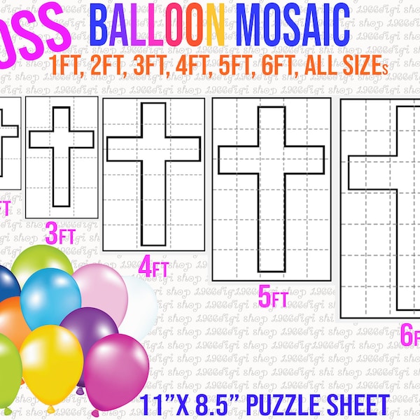 Mosaic Cross, Cross, Mosaic Balloon Frame Template 1 ft, 2 ft, 3 ft, 4 ft, 5 ft, 6 ft, Balloon Cross, Mosaic Balloons, Easter, Religious Pdf
