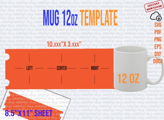 Mug 12oz Template, 12 Oz Mug for Sublimation Full Wrap, Handle