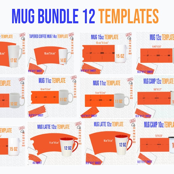 Mug Svg, Mug Template, Mug Bundle 12 Templates, 10 oz, 11 oz, 12 oz, 14 oz, 15 oz, 17 oz, Latte, Camp, Tapered for Sublimation, Pdf Docx Dxf