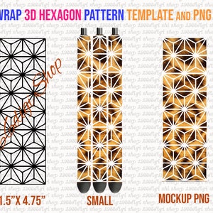 May include: A digital download template for wrapping a pen with a 3D hexagon pattern. The template is shown in black and white and a brown and white pattern. The template is 1.5 inches by 4.75 inches.