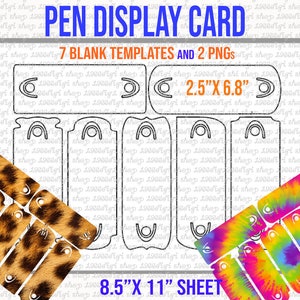 May include: A printable pen display card template with 7 blank templates and 2 PNGs. The card is 8.5 inches by 11 inches and features a leopard print and tie-dye design.