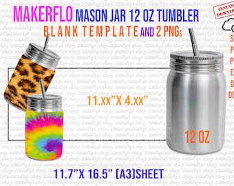 May include: A digital design featuring a 12 oz mason jar tumbler with a stainless steel lid and straw. The image includes a blank template and two PNGs with leopard print and tie-dye designs. The sheet size is 29.7cm x 41.9cm.