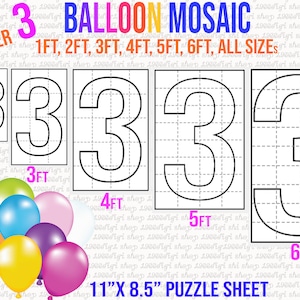 Mosaic Numbers, Number 3, Mosaic Balloon Frame Template 1 ft, 2 ft, 3 ft, 4 ft, 5 ft, 6 ft, Balloon Numbers, Mosaic Balloons, Mosaic Numbers