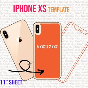 Könnte beinhalten: Eine Vorlage für ein iPhone XS Handyhüllen-Design. Die Vorlage ist 5.XXX Zoll mal 2.XXX Zoll groß und wird auf einem 8.5 Zoll mal 11 Zoll großen Blatt Papier gezeigt. Die Vorlage ist rot umrandet und die Hülle ist in Orange dargestellt. Die Vorlage ist für ein Handyhüllen-Design.