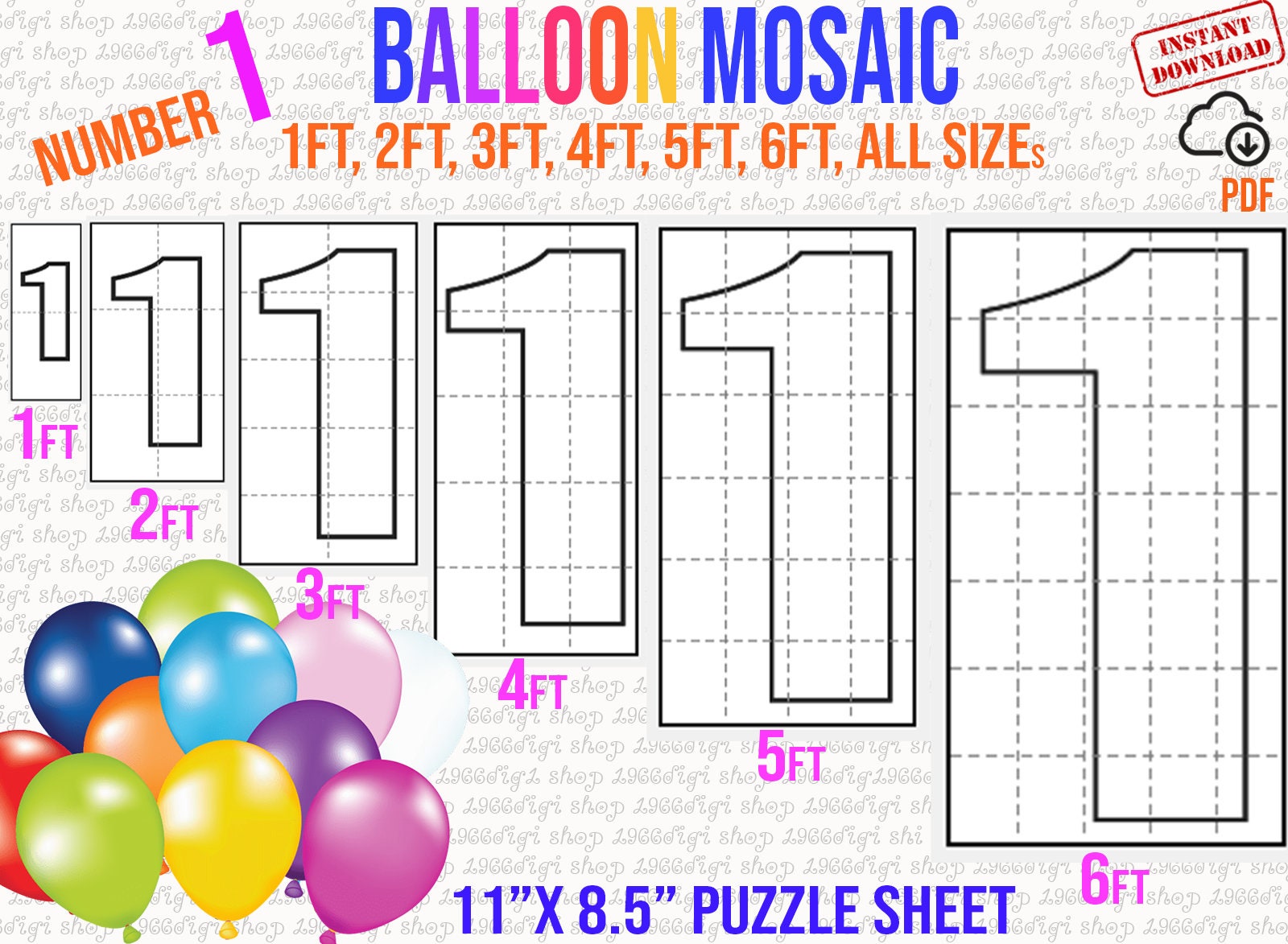 Mosaic Numbers, Number 1, Mosaic Balloon Frame Template 1 Ft, 2 Ft, 3 ...