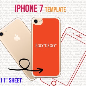 May include: An iPhone 7 template design with the text "IPHONE 7 TEMPLATE" and dimensions "5.XXX" X 2.XXX" on an orange background. The image also includes an 8.5" x 11" sheet graphic and various file format icons.