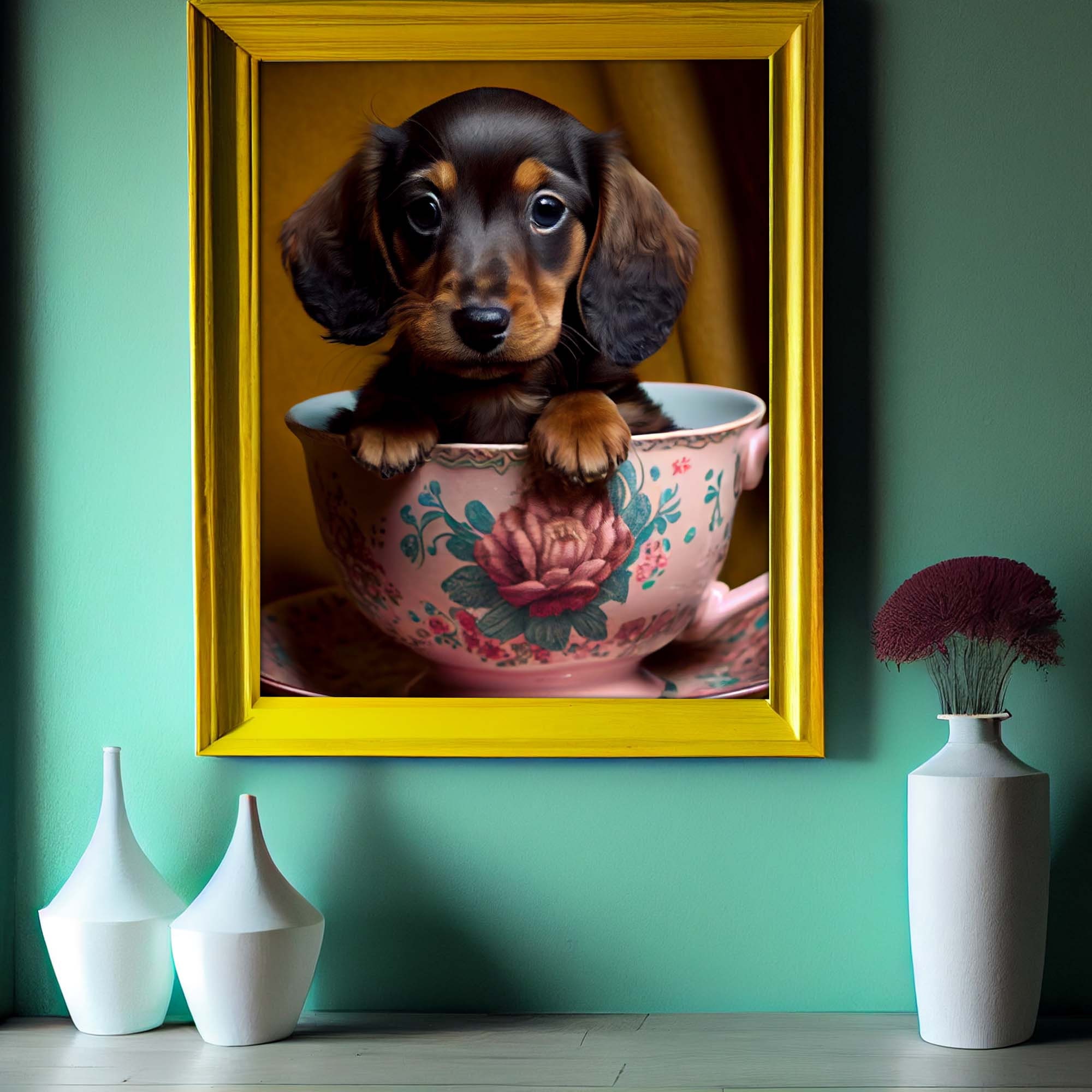 Dachshund Teacup Puppy Portrait Art Decor Instant Download Portrait, Wall Decor (Download Now