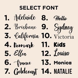 May include: A list of 14 different fonts, numbered 1 through 14, with the font name written in the corresponding font style. The font names are: Adelaide, Brisbane, California, Denmark, Ellen, France, Goldcoast, Hello, Sydney, Victoria, Kids, Louisa, Monica, and NATALIE.