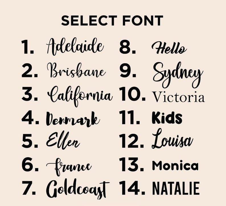 May include: A list of 14 different fonts, numbered 1 through 14, with the font name written in the corresponding font style. The font names are: Adelaide, Brisbane, California, Denmark, Ellen, France, Goldcoast, Hello, Sydney, Victoria, Kids, Louisa, Monica, and NATALIE.