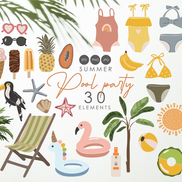 Summer pool party clipart, Summer items collection, Digital summer clipart, Abstract pool clipart, Pool party clipart