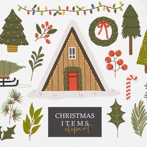 Christmas clipart, Christmas trees clipart, Digital Holiday elements, Christmas items PNG, Winter house Png