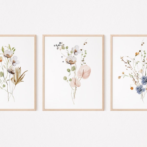 Set of 3 Wildflower Posters, Watercolor Flowers prints, Field flower digital prints, Botanical wall prints, Living room Wall Decor