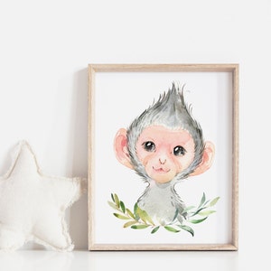 Monkey animal wall print, Watercolor baby monkey poster, Safari portrait wall art, Baby monkey wall gift, Baby room wall decor