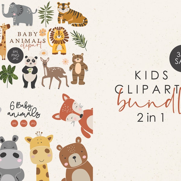 Kids clipart bundle, Digital download, Baby animals elements, Baby bundle, Child illustration bundle, Printable baby items, 35% sale bundle