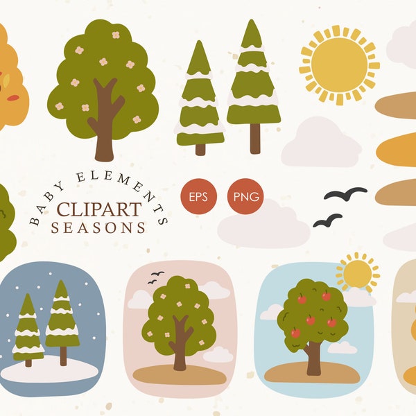 Seasons clipart, Seasons trees clipart, Landscape illustration, Seasons PNG, Digital kids clipart, Seasons elements