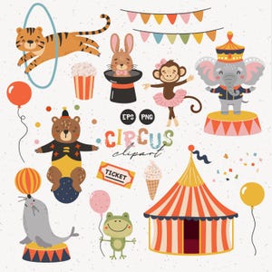 Circusdieren illustraties, circus clipart, schattige dieren, circus png, leeuw, tijger, beer, afdrukbaar circus, commercieel gebruik, vector