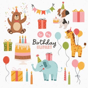 Geburtstag Tiere Clip Art, Geburtstag Clipart, süße Tiere, Geburtstagsparty Png, Kuchen, Luftballons, Geschenke, kommerzielle Nutzung, Vektor