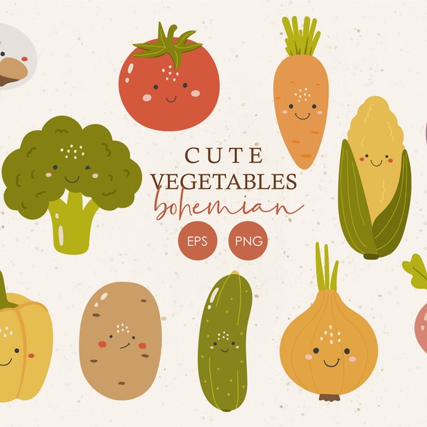 Kawaii vegetables clipart, Vegetables with face clipart, Cute vegetables illustration, Happy vegetables PNG, Digital baby clipart