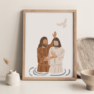 Jesus baptism wall print,  Christian poster art, Jesus portrait poster, Biblical wall gift, Christian wall decor, Jesus and John poster