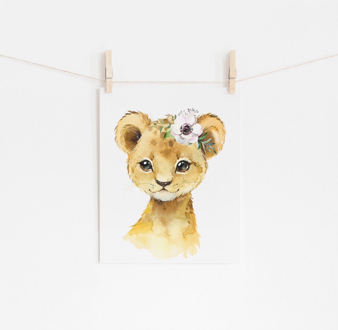 Lion Animal Wall Print, Watercolor Baby Lion Poster, Safari Portrait