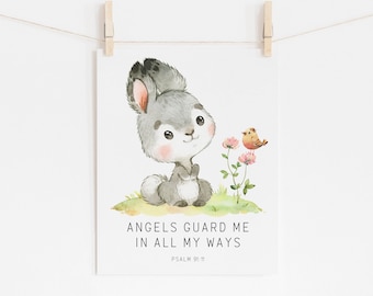 Forest animal wall print, Baby rabbit wall print, Watercolor rabbit poster, Child bible verse poster, Forest rabbit animal, Baby room decor