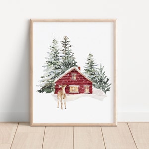 Christmas House Print, Holiday Wall Art, Winter landscape print, Deer animal poster, Winter poster, Christmas Sign, Winter house poster