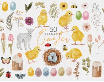 Easter watercolor clipart, 50 Digital spring elements