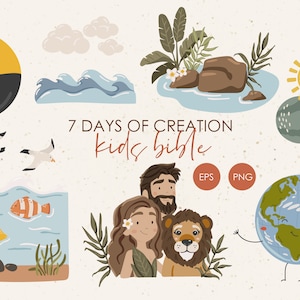 7 Days of Creation clipart, kinderen christelijke clipart, educatieve bijbelillustratie, schepping clipart png, zondagsschool png-items