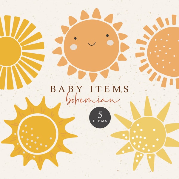 Abstract sun clipart, Sunshine clipart, Boho sun clipart, Baby PNG elements, Digital nursery clip art, Sun vector set, Digital sun items