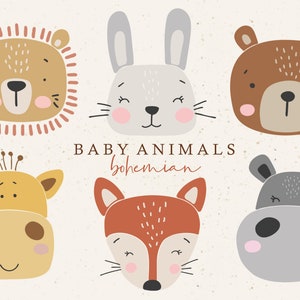 6 Baby animals clipart, Boho abstract animals, Digital nursery elements, Baby clip art, Funny animals collection