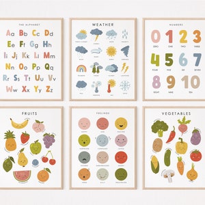 Set of 6 Educational Posters, Kids Wall Decor, Kindergarten Decor, Classroom Posters, Educational Alphabet, Fruits, Vegetables, Emotions