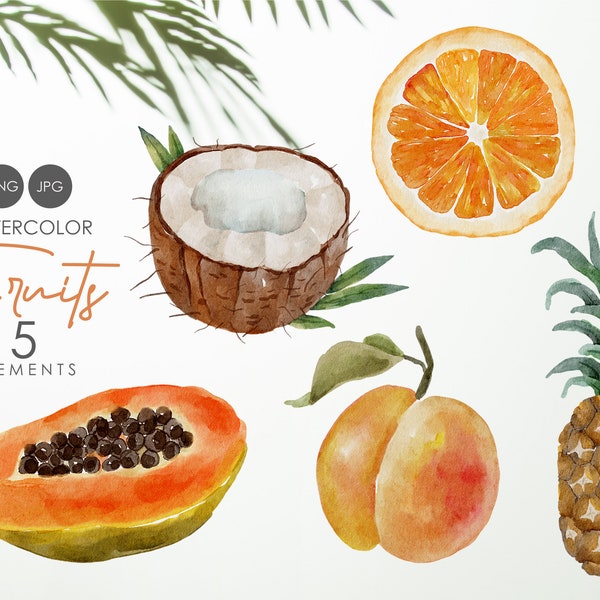 Watercolor fruits clip art, Tropical elements, Summer clip art, Papaya, pineapple, orange clipart, Digital fruits PNG, Fruits clipart