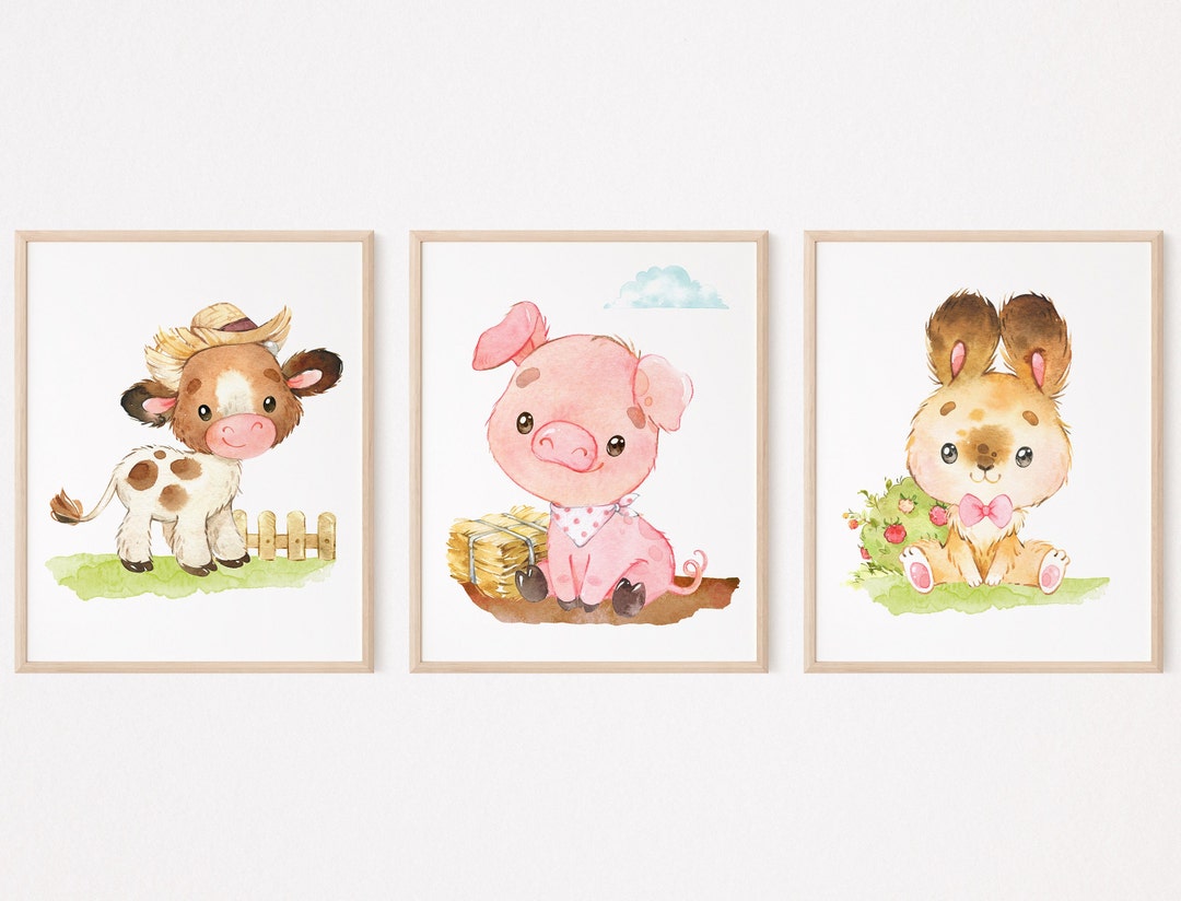 Set of 3 Farm Animals Posters, Watercolor Animals, Farm Portrait Wall