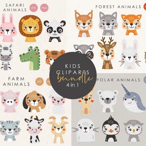 赤ちゃん動物のクリップアート、動物バンドル、サファリ、極地、森林、農場、セールバンドル、子供向けのイラスト。ベクター。
