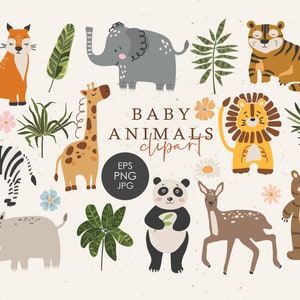 Baby animals clipart, Boho abstract animals, Digital nursery elements, Jungle animals PNG