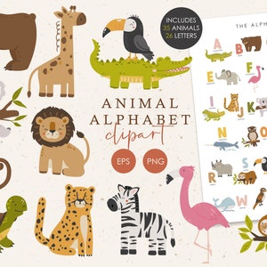 Animal Alphabet clipart, Cute Animals Clipart, Educational illustration, Alphabet clipart PNG, Kids clipart, School items, Letters clipart