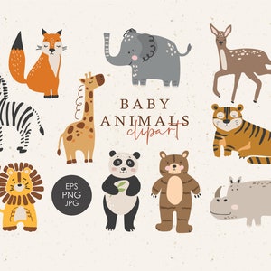 Baby animals clipart, Boho abstract animals, Digital nursery elements, Cute animals PNG, Animals clip art, Child clipart set