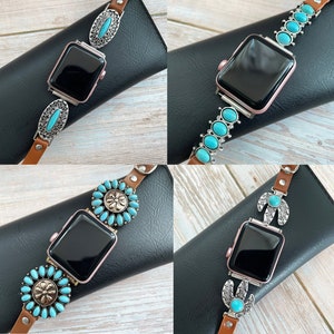 Fitbit Versa 4 Watch Band, Fitbit Versa 1/2/3/4/Lite Fitbit Sense 1/2 Turquoise Floral Leather Strap, Fitbit Brown Slim Strap for Woman