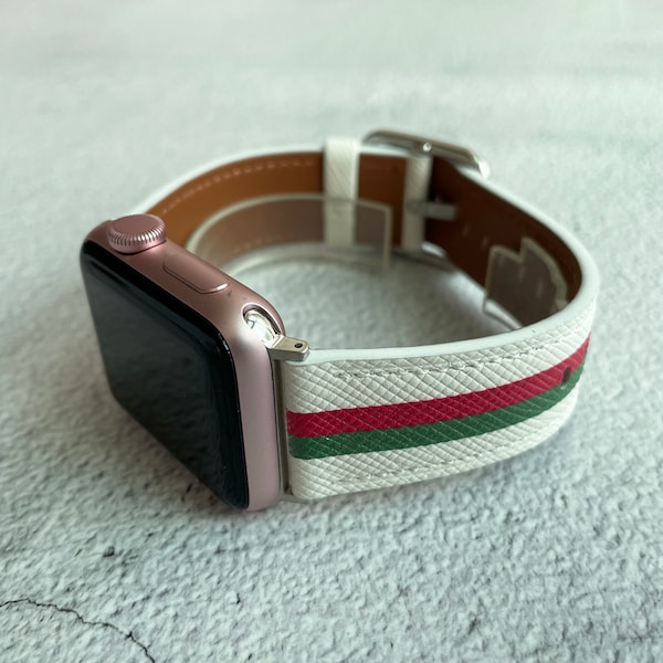 Apple Watch 38mm 40mm 41mm 42mm 44mm 45mm 49mm Leather Bands, Green Red Strip Cuff Leather Strap for iwatch Series 8 7 6 5 4 3 2 1 SE