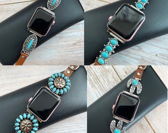 Apple Watch Band, Apple Watch Turquoise 38mm 40mm 41mm 42mm 44mm 45mm Leather Strap, Apple Watch Slim Floral Watch Band