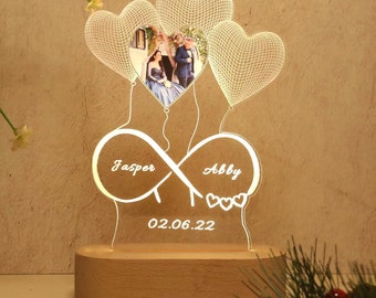 Luz de foto personalizada con base de madera, lámpara de ilusión 3D personalizada con corazón de foto grabado luz nocturna aniversario de boda regalo de cumpleaños