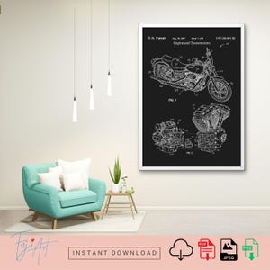 Engine Transmission Blueprint, Superbike Wall Art, Harley Davidson Decor, Vintage Motorcycle Patent Print